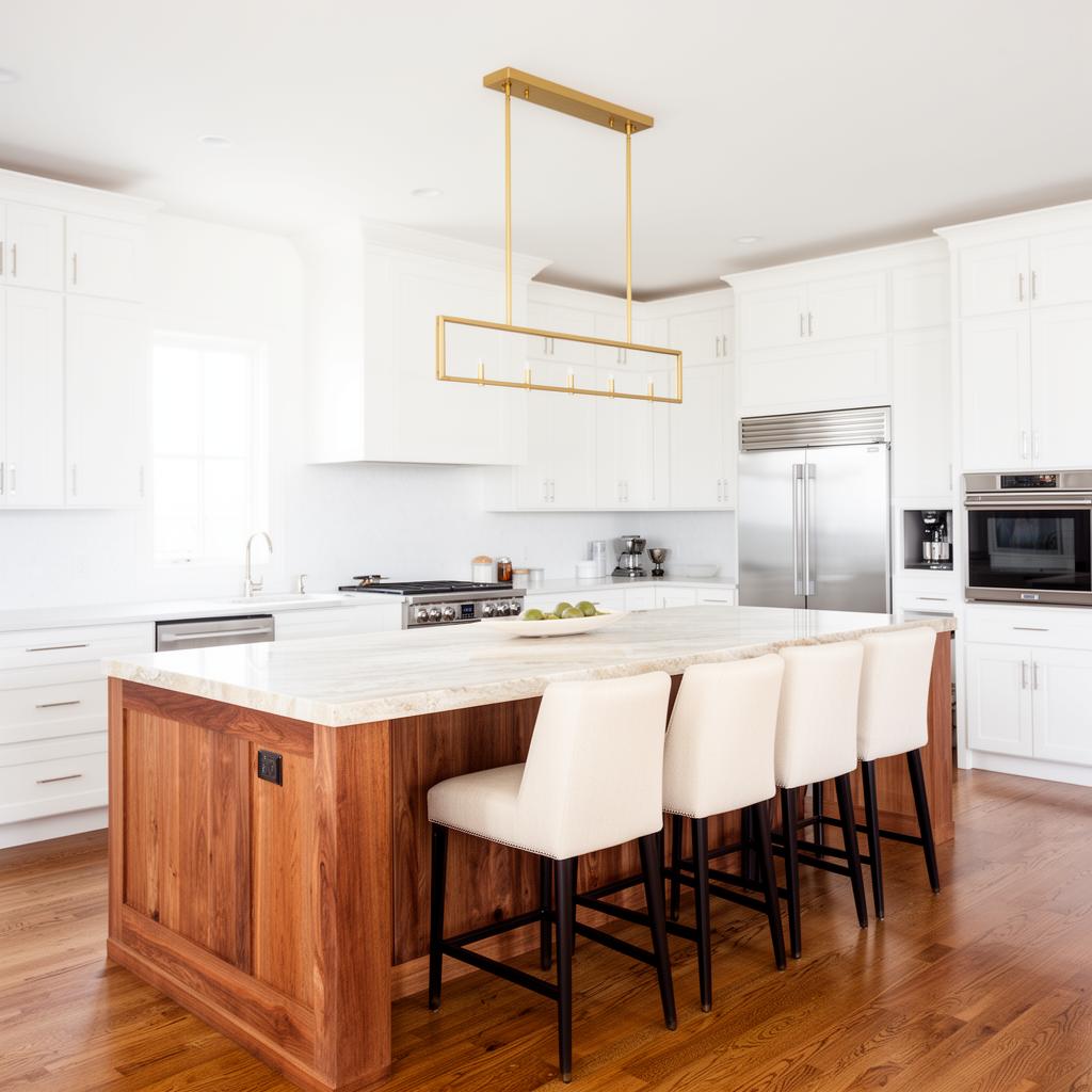 Transitional white kitchen with a wood island and upholstered bar stools