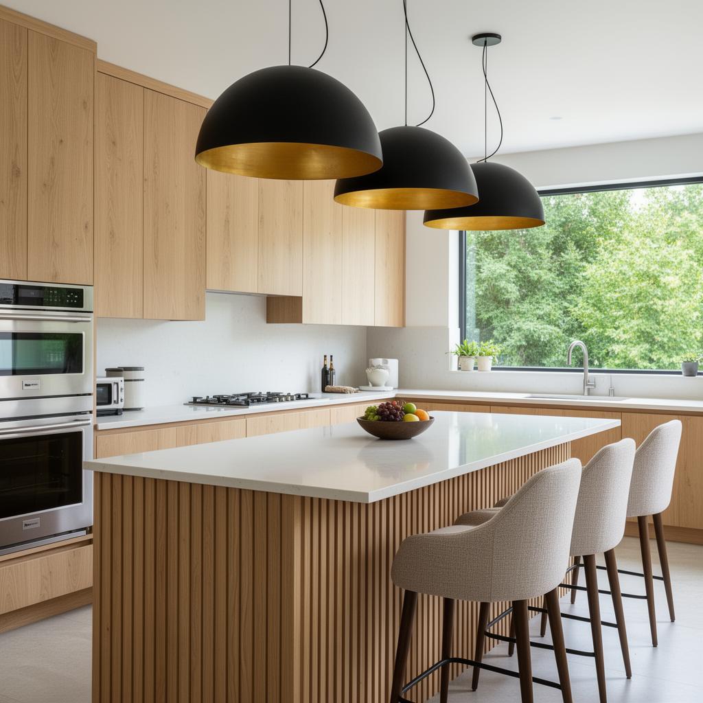 Modern organic rift oak kitchen with fluted island and black dome pendants