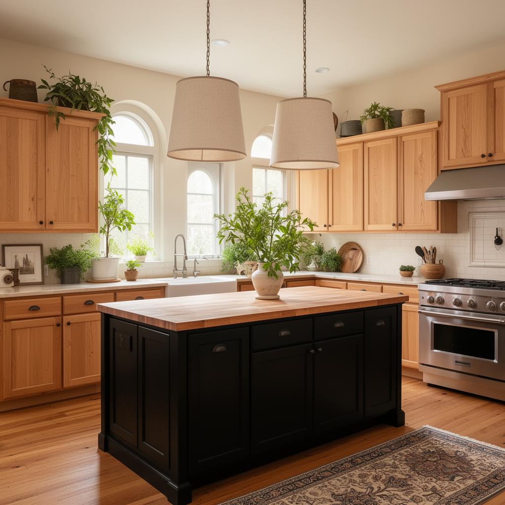 Natural oak kitchen with a black island and butcher block countertop