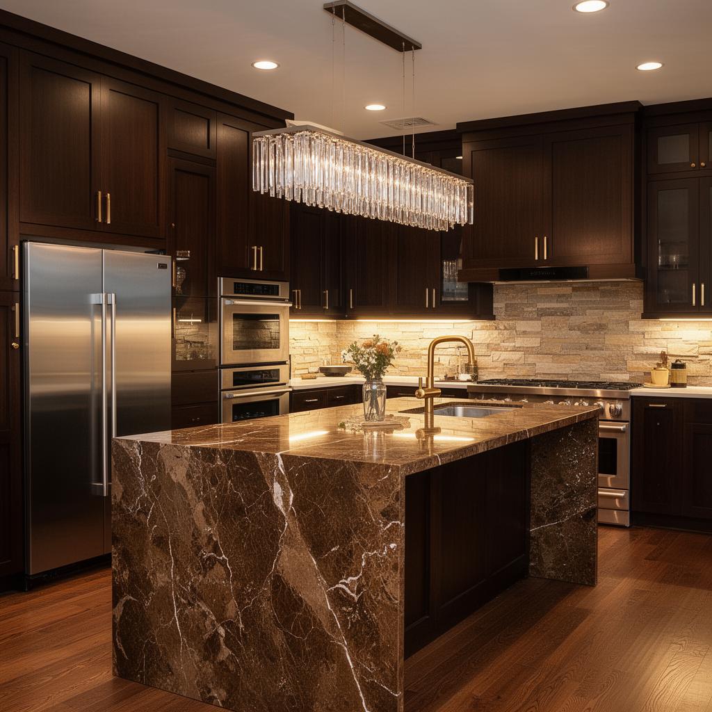 Sophisticated dark walnut kitchen with brown marble waterfall island
