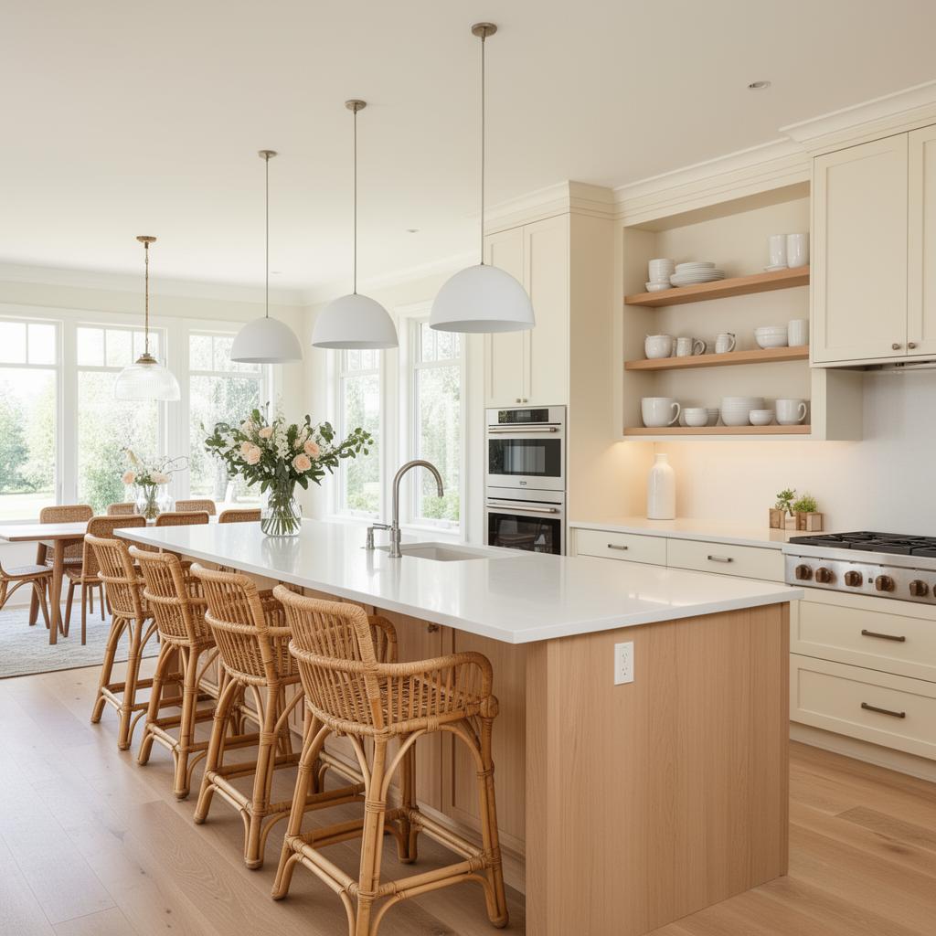 Open-concept cream and light wood kitchen with a long quartz island