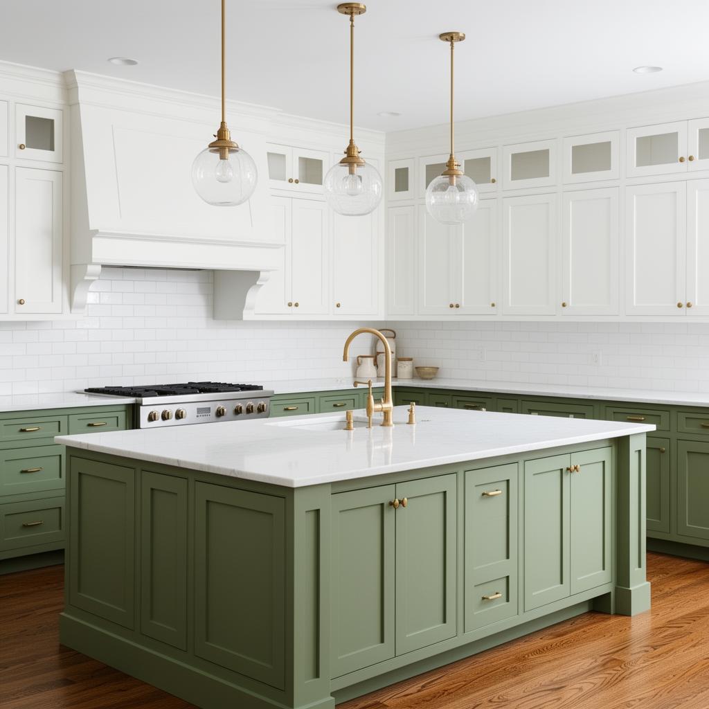 Two-tone kitchen with sage green and white cabinets and marble island