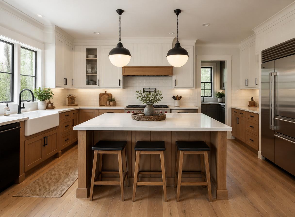 Remodeled kitchen with quartz counters, tile backsplash, and upgraded lighting
