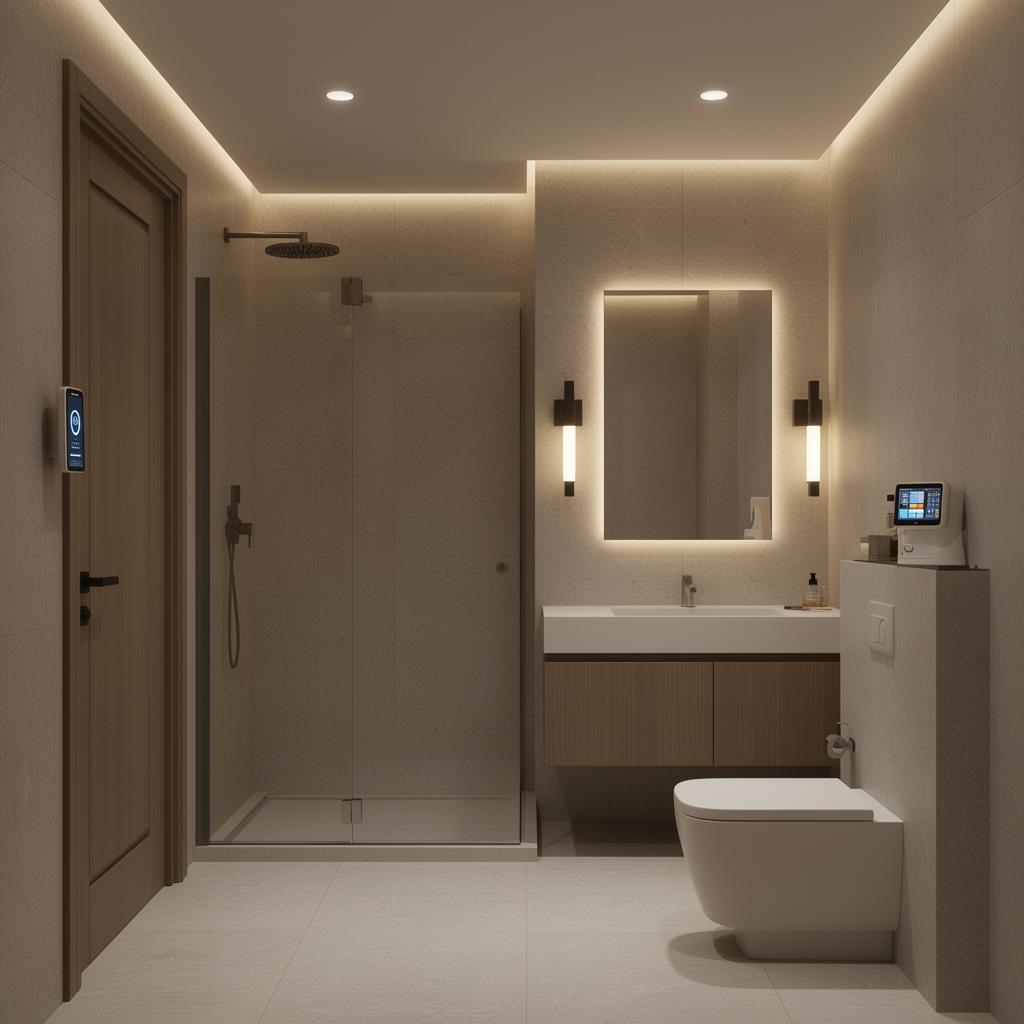 Modern bathroom with vanity lighting, shower lighting and smart control panels