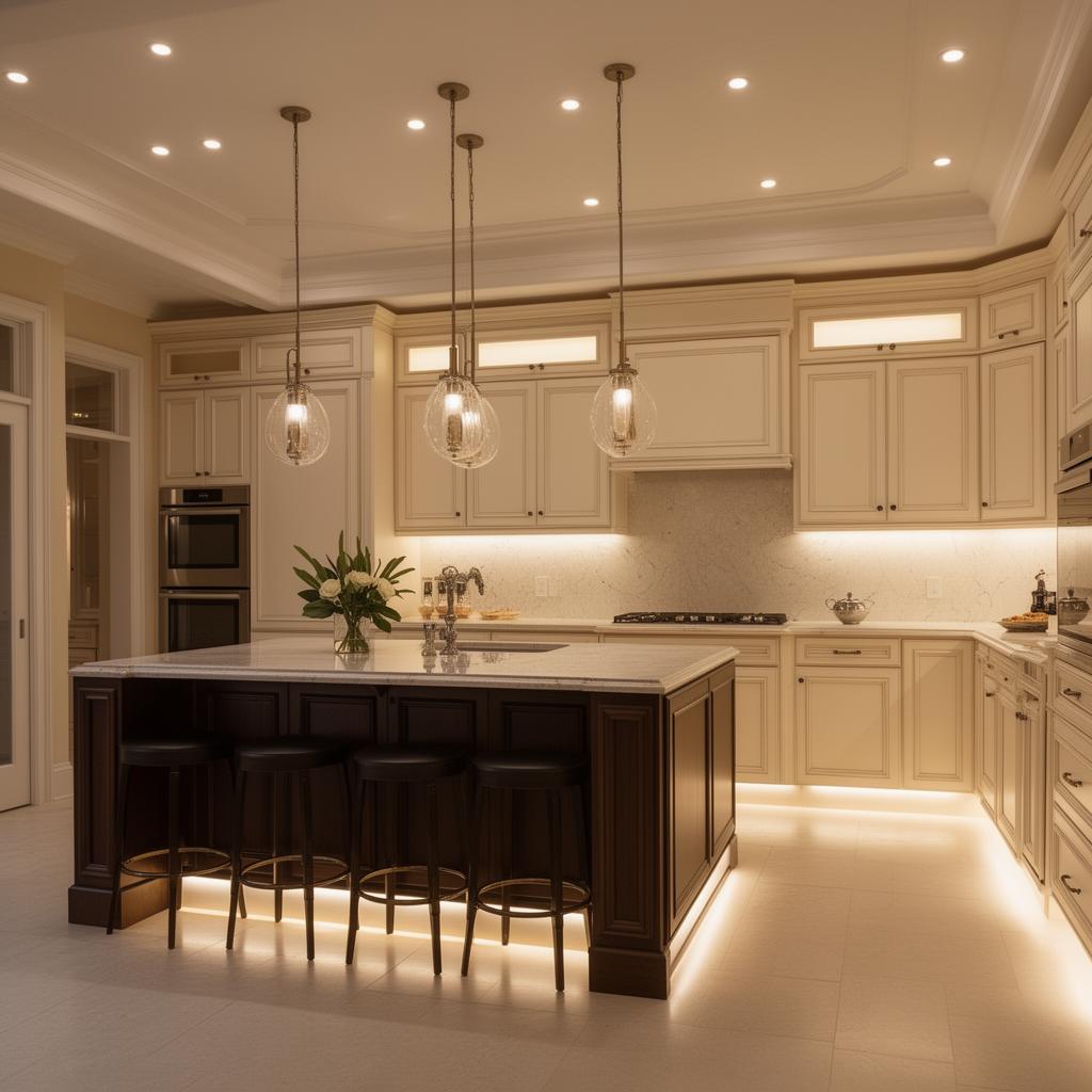 Luxury kitchen with pendants, recessed lights, under-cabinet lighting and toe-kick lighting