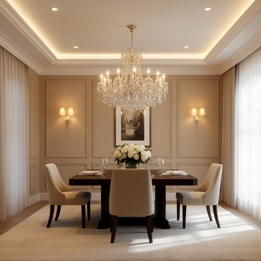 Elegant dining room with statement chandelier, wall sconces and layered ceiling lighting
