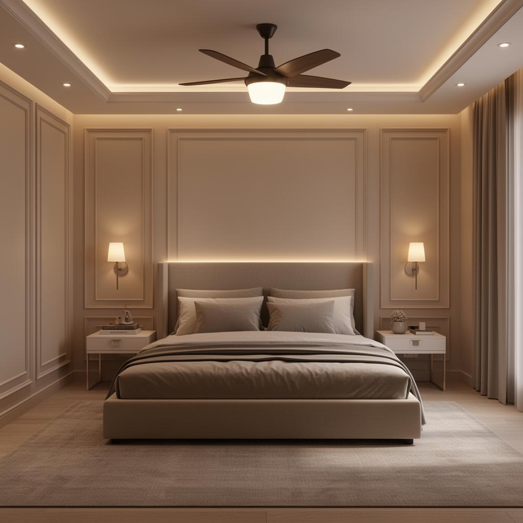 Refined bedroom with recessed lights, cove lighting, bedside sconces and ceiling fan light