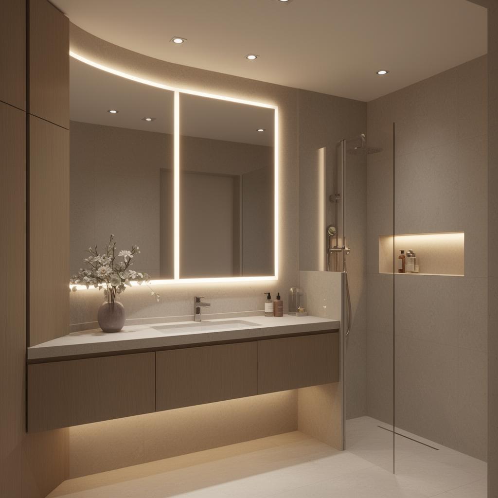 Spa bathroom with backlit mirror, under-vanity lighting and shower niche lighting