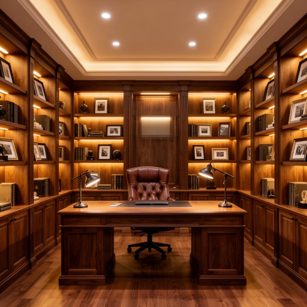 Custom millwork office with illuminated shelving, desk lighting and recessed ceiling lights
