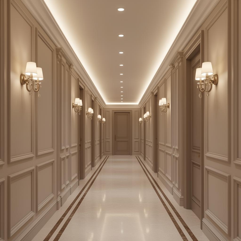 Long elegant hallway with evenly spaced sconces, downlights and cove lighting