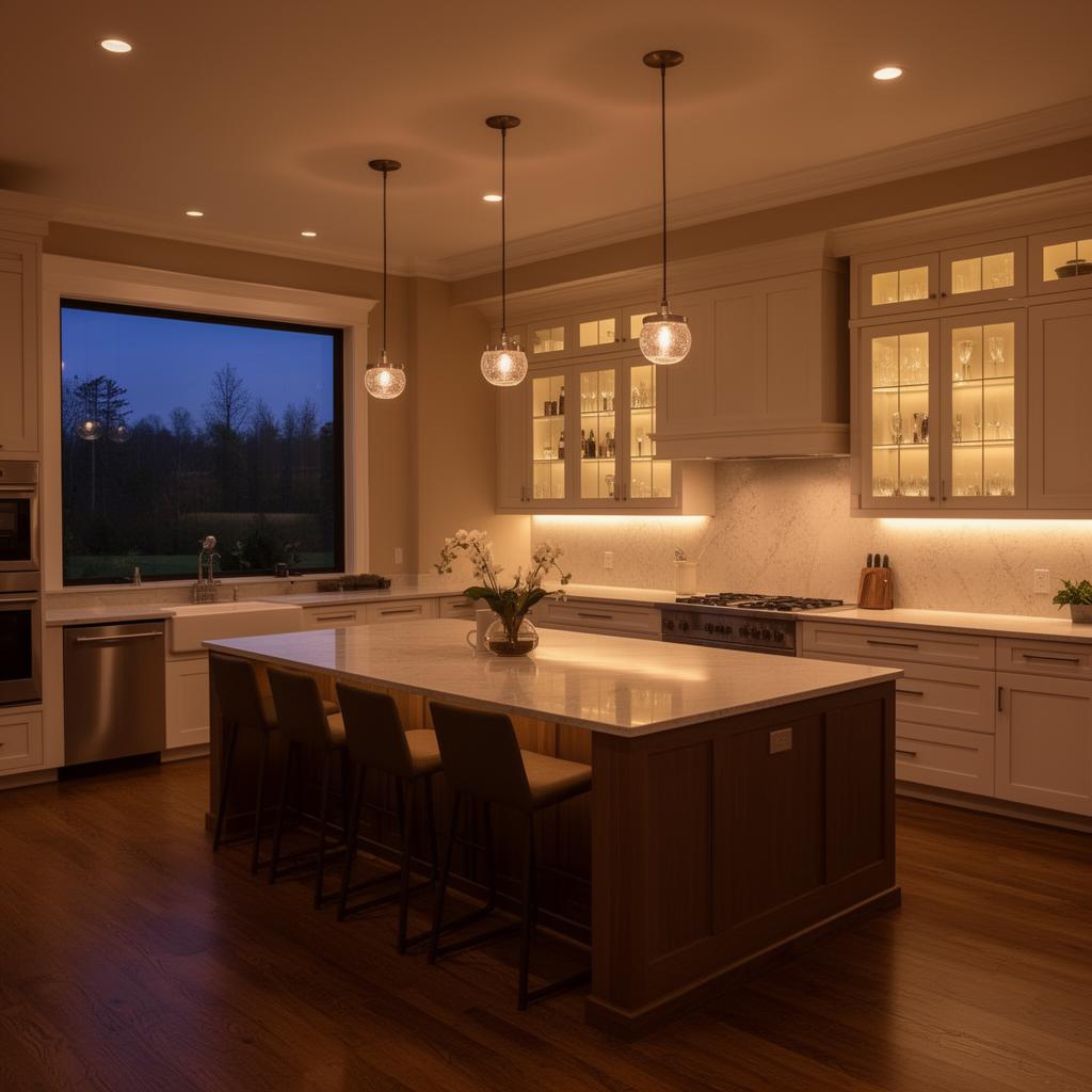 Upscale kitchen at dusk with pendant lights, under-cabinet lighting and illuminated glass cabinets