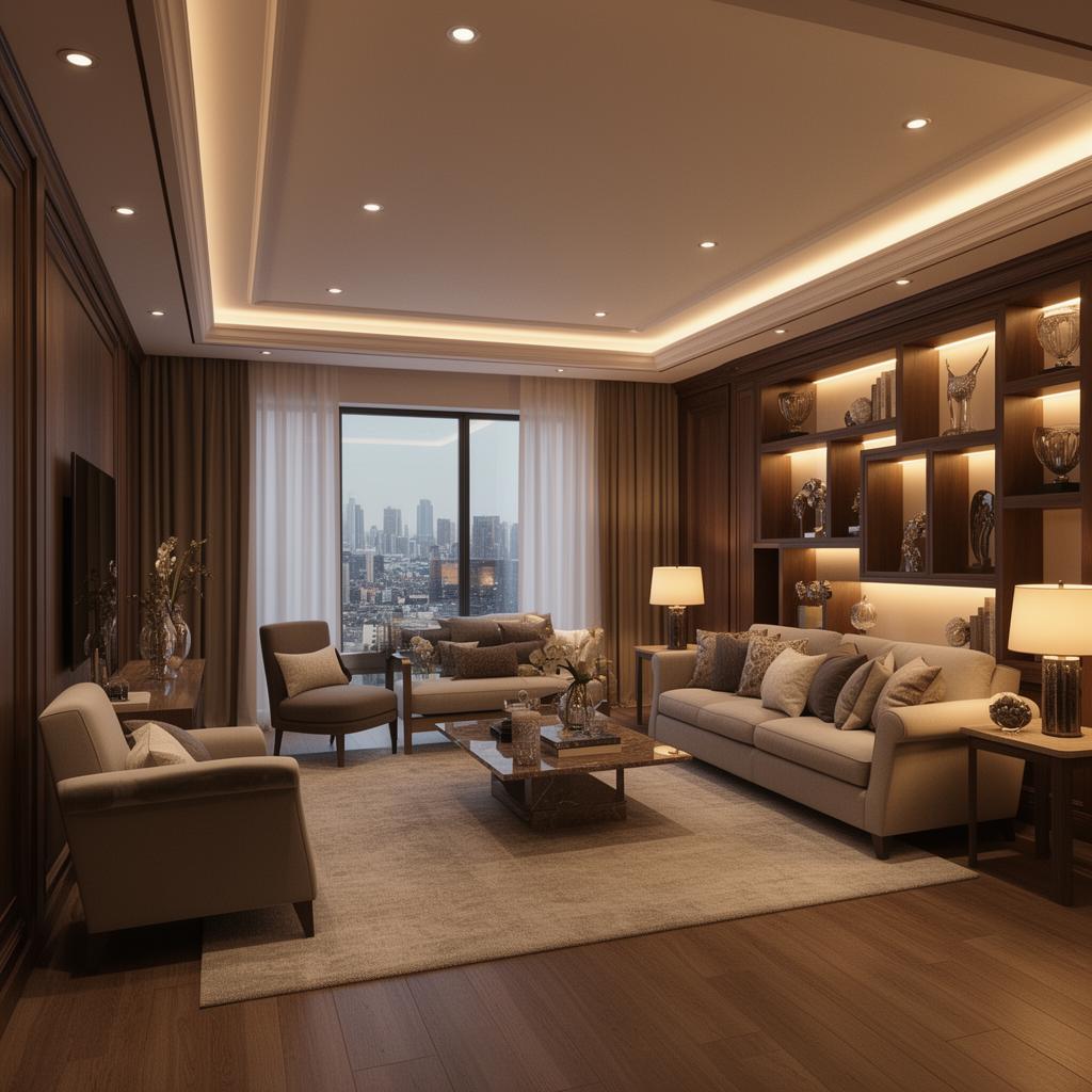 Luxury family room with hidden accent lighting in shelving and ceiling details