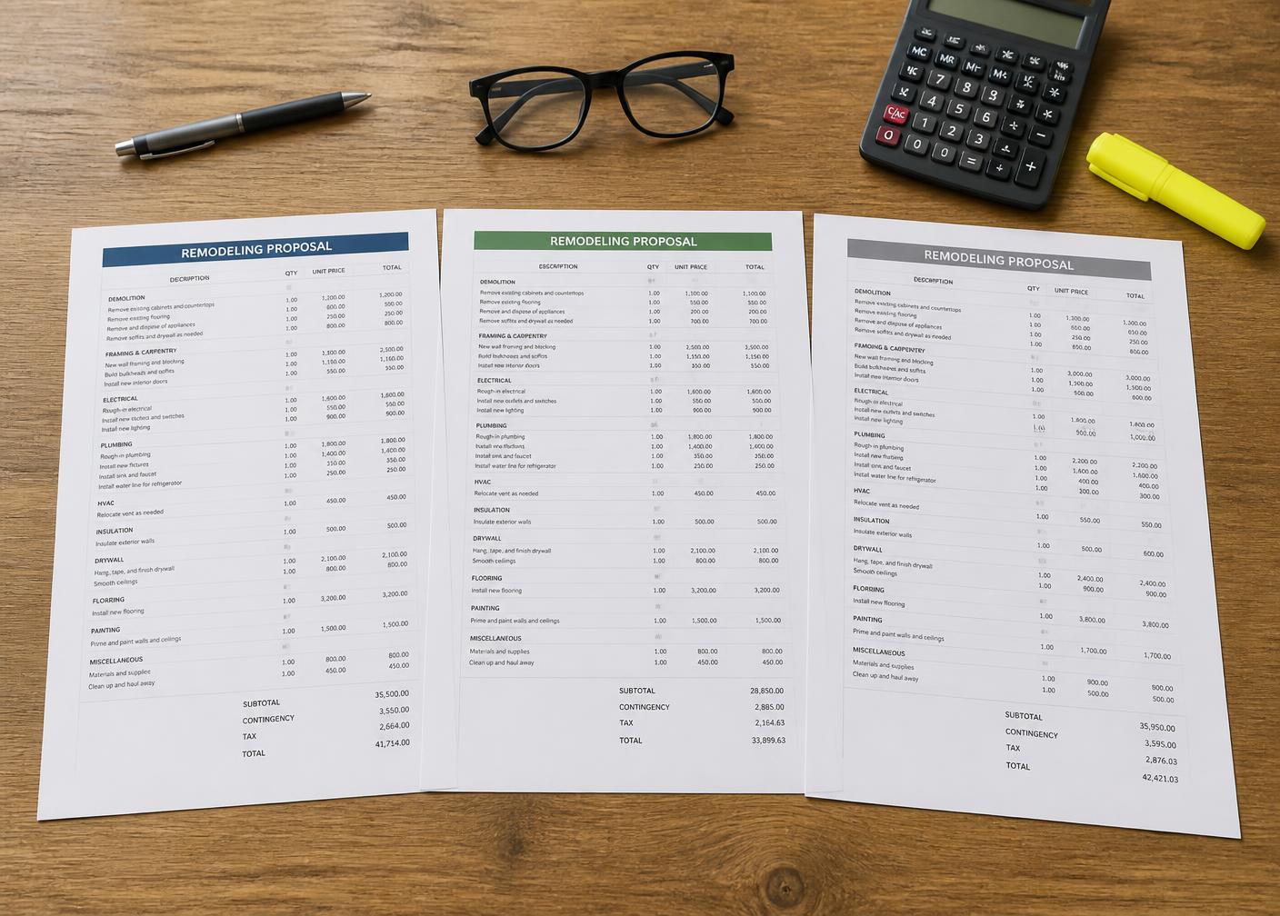 Three printed remodeling proposals laid side by side on a table with a pen, calculator, and highlighter for line-by-line comparison