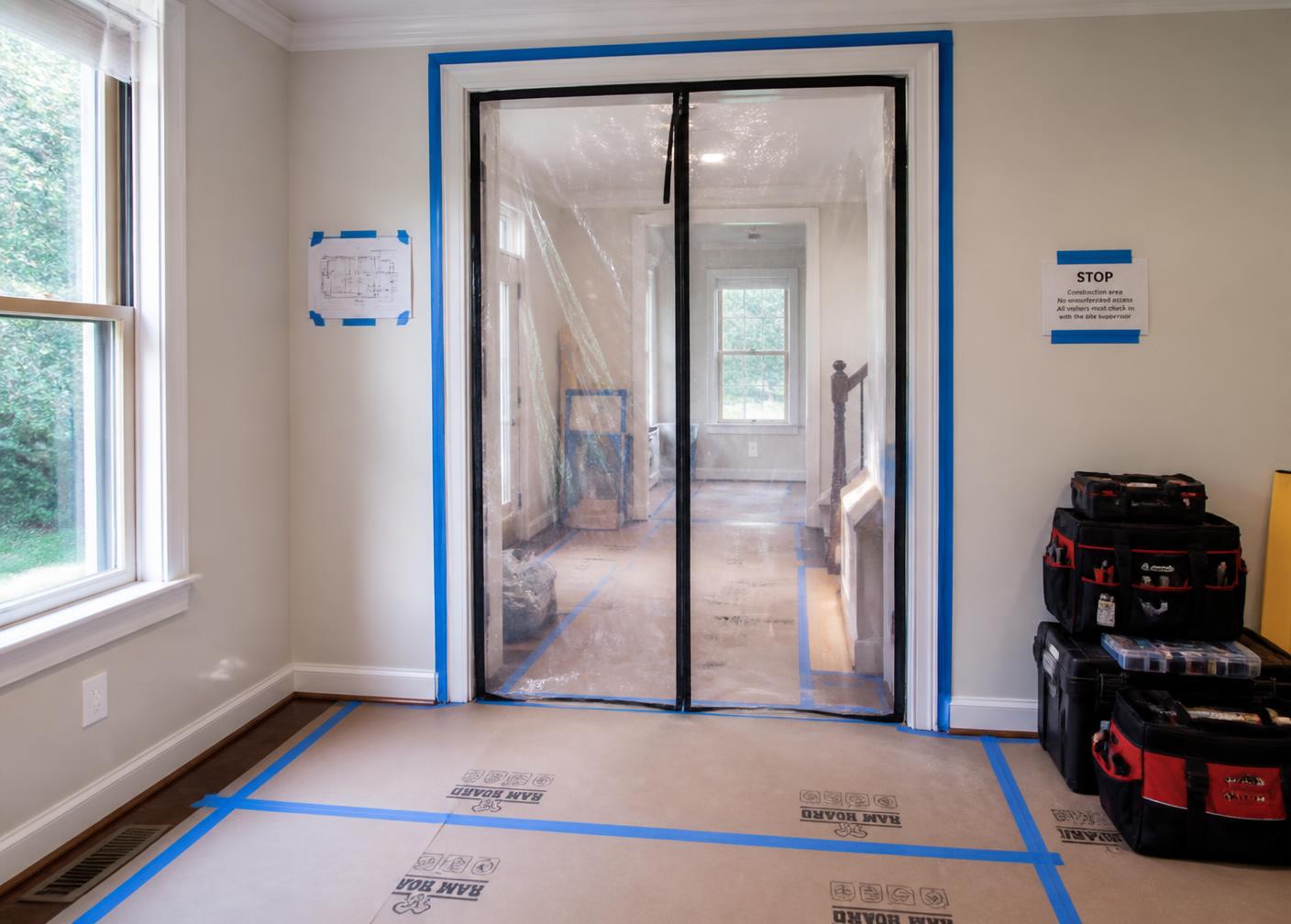 Occupied home protected during remodeling with a zippered plastic dust barrier in the doorway and taped floor protection over hardwood