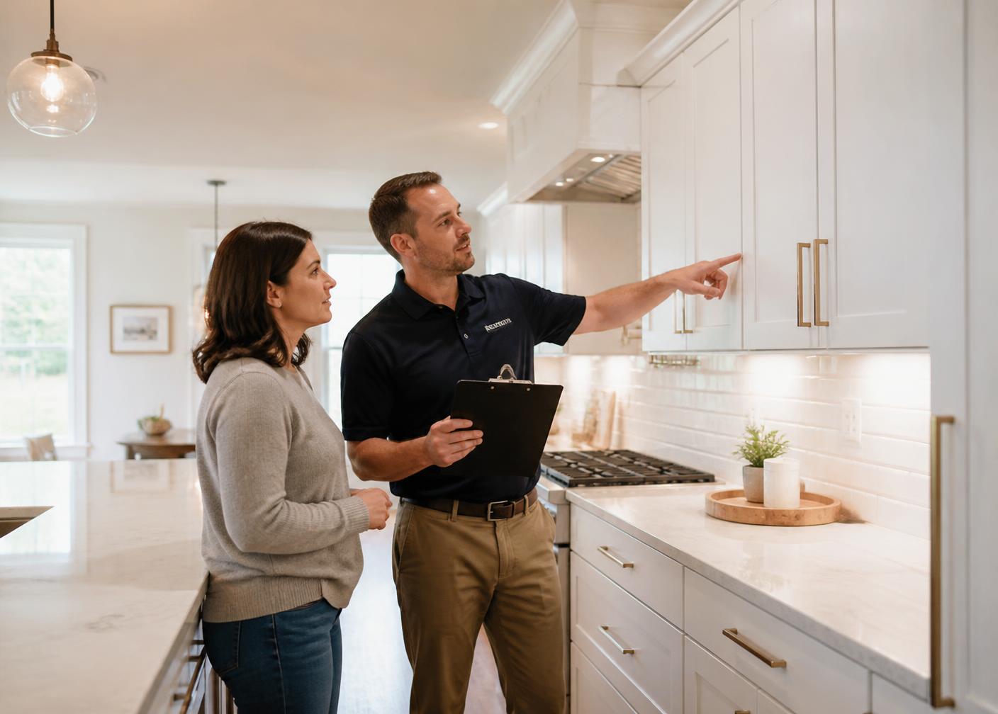 Homeowner and remodeling project manager conducting a final walkthrough of a finished kitchen with a punch list on a clipboard
