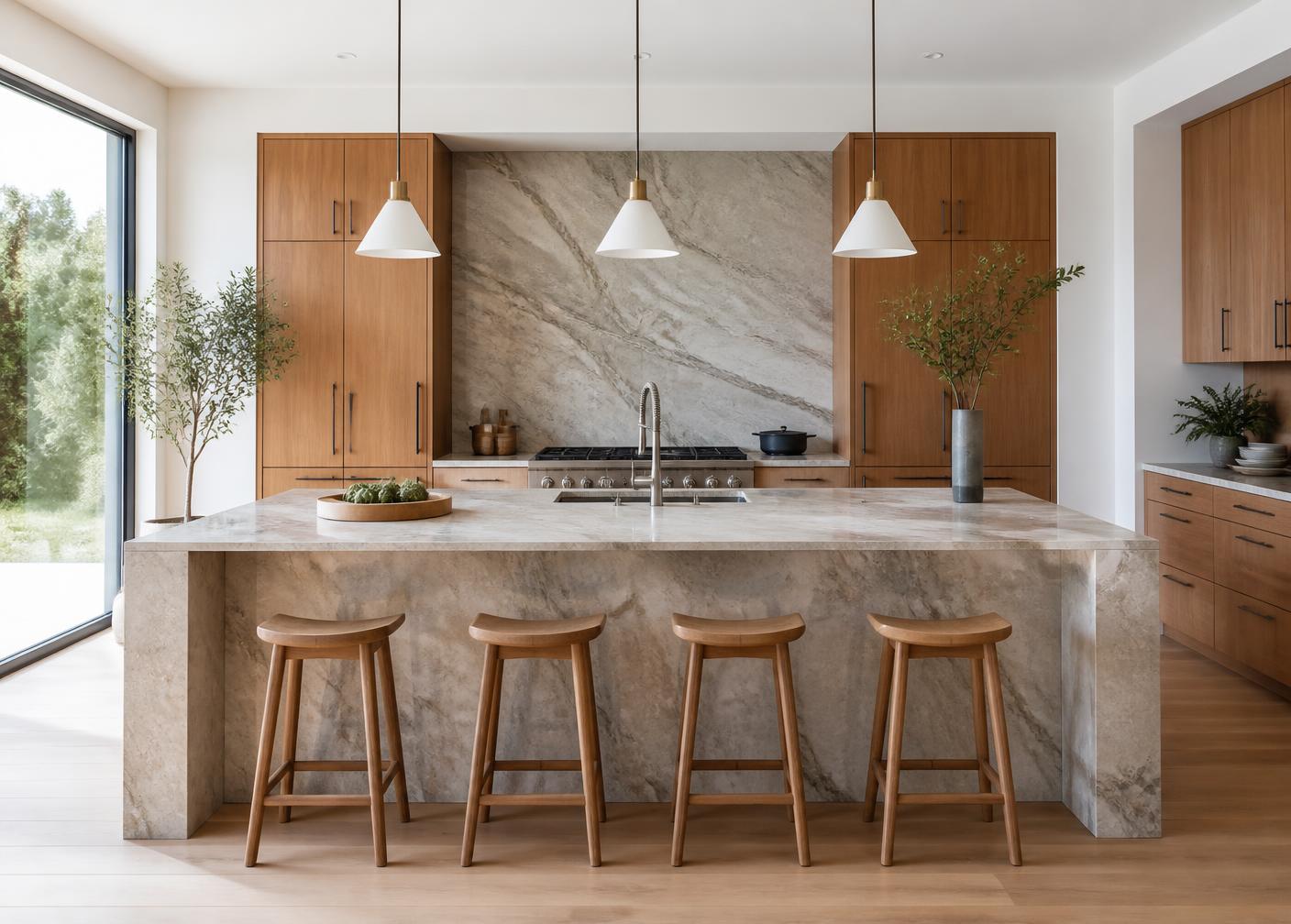 Modern kitchen with warm wood cabinetry, a natural-looking veined stone island with waterfall edge, and a full-height slab backsplash