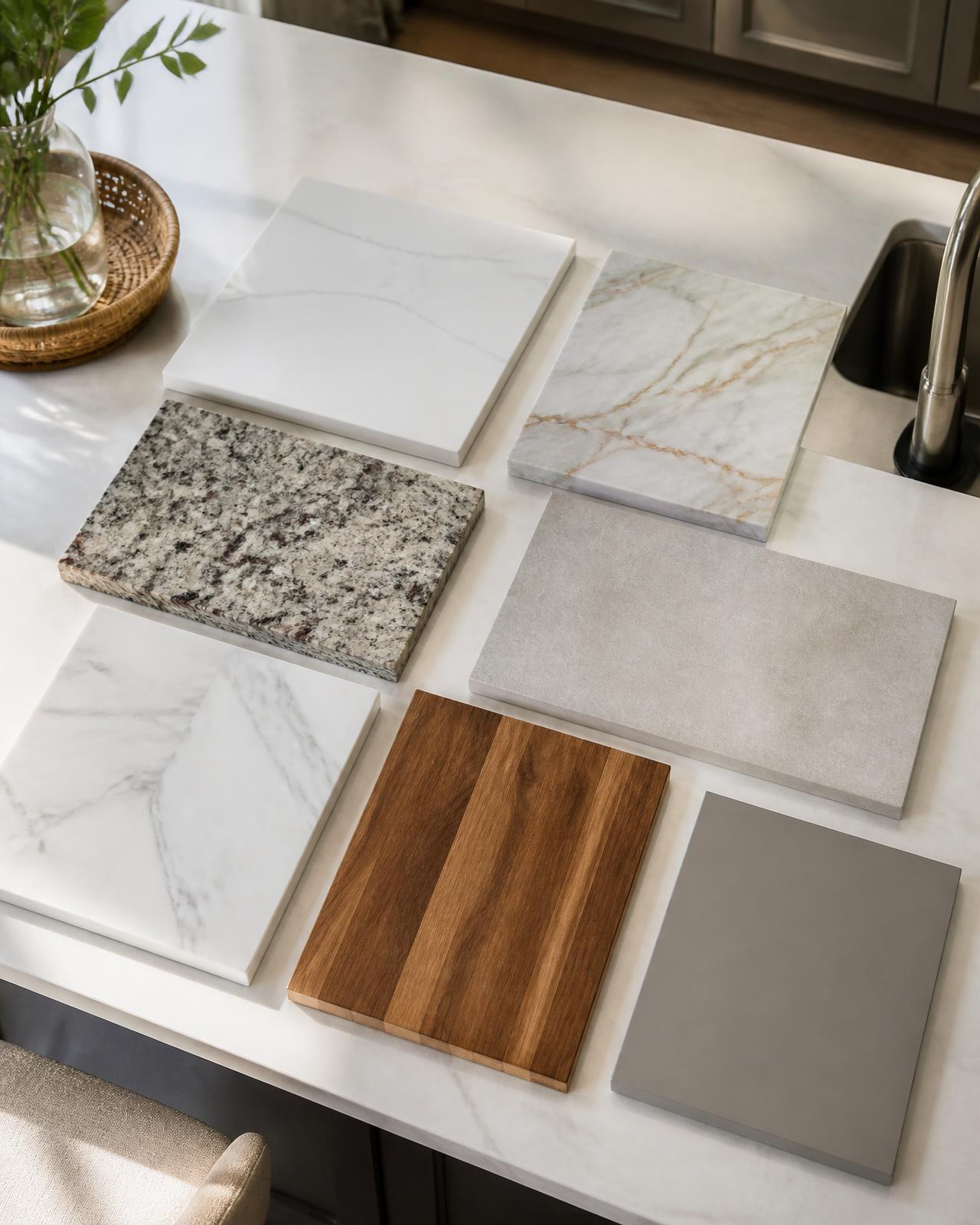 Kitchen countertop material samples including quartz, quartzite, granite, porcelain, marble, butcher block, and solid surface