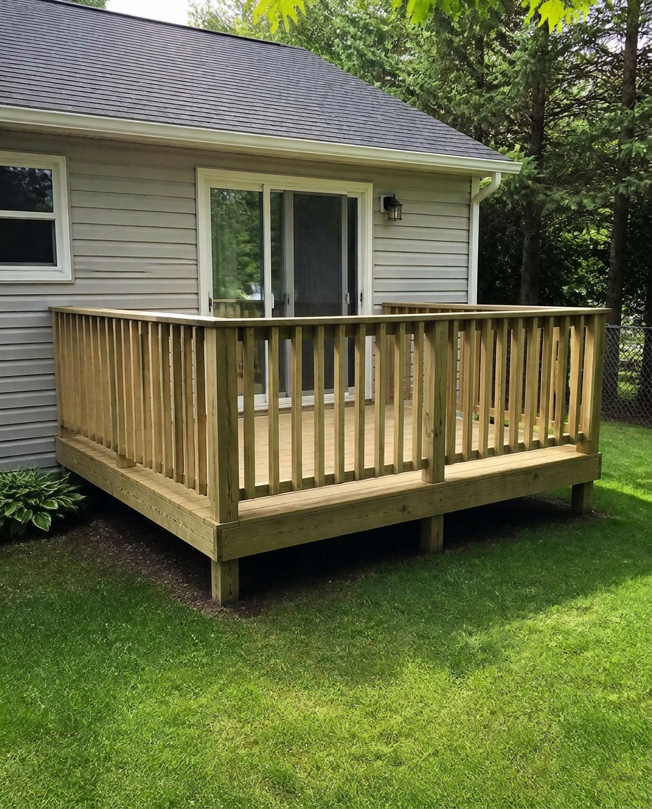 Newly built ground-level pressure-treated wood deck with wood railing and stairs behind a suburban home
