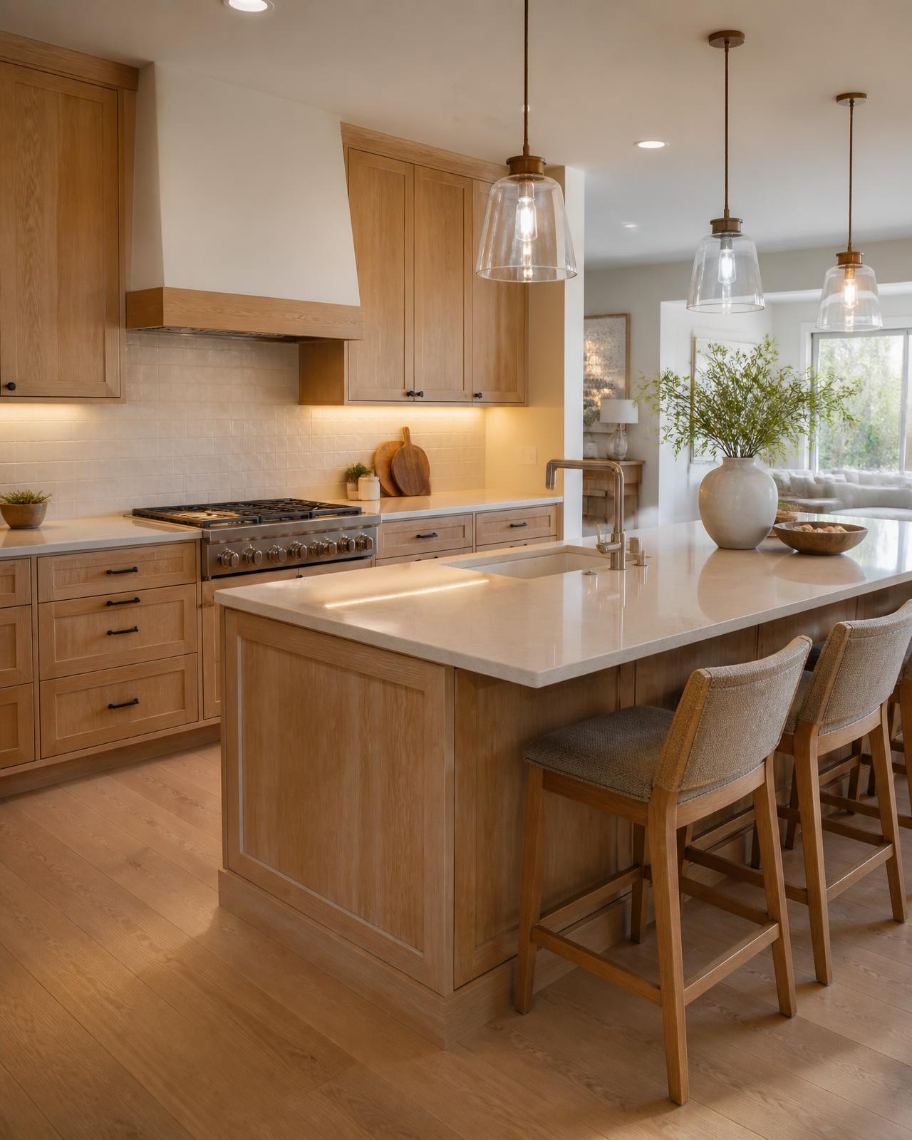 Professionally remodeled St. Louis kitchen with wood cabinets, stone countertops, island seating, and layered lighting