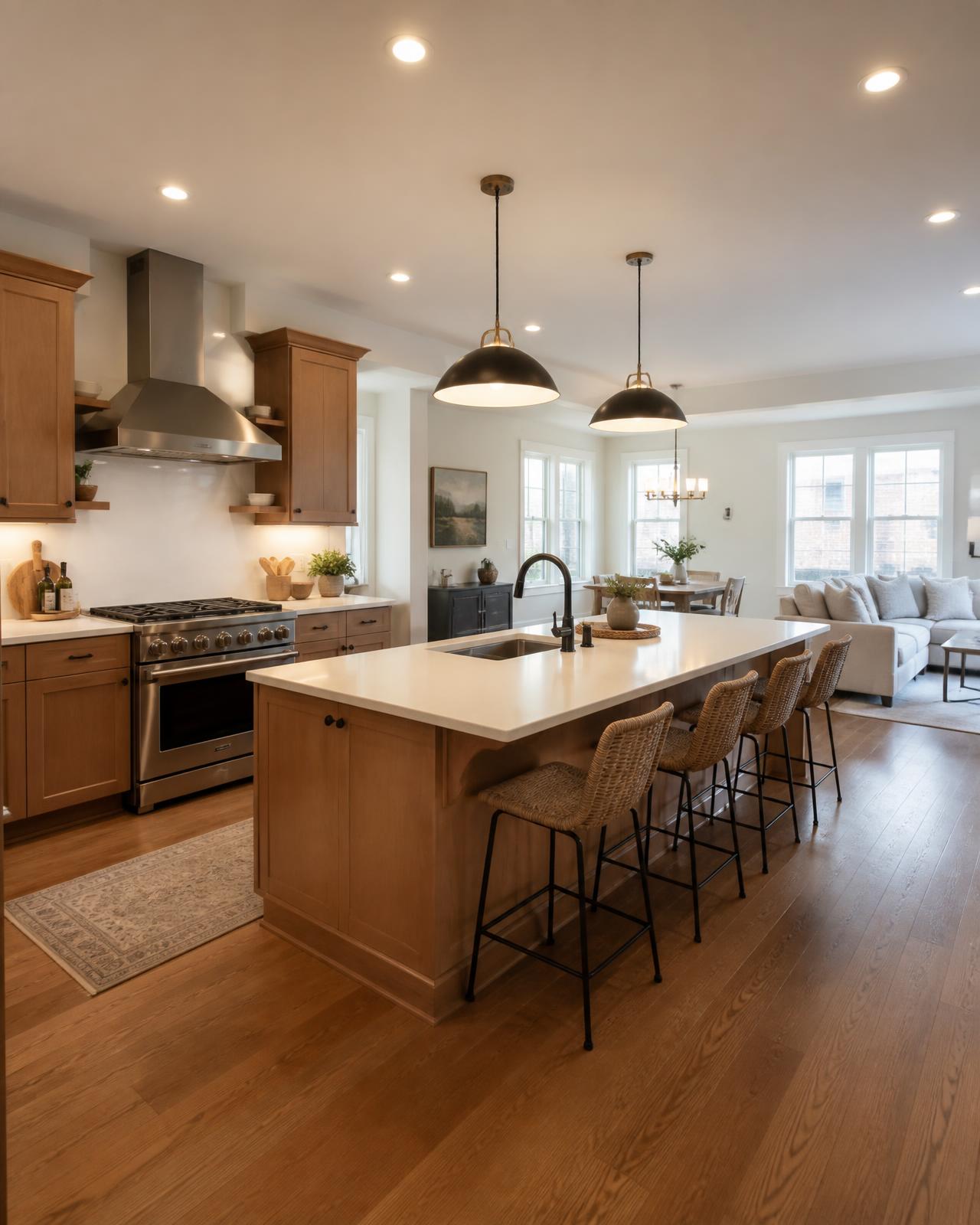 Open concept St. Louis kitchen connected to dining and living areas with island seating and clear traffic flow
