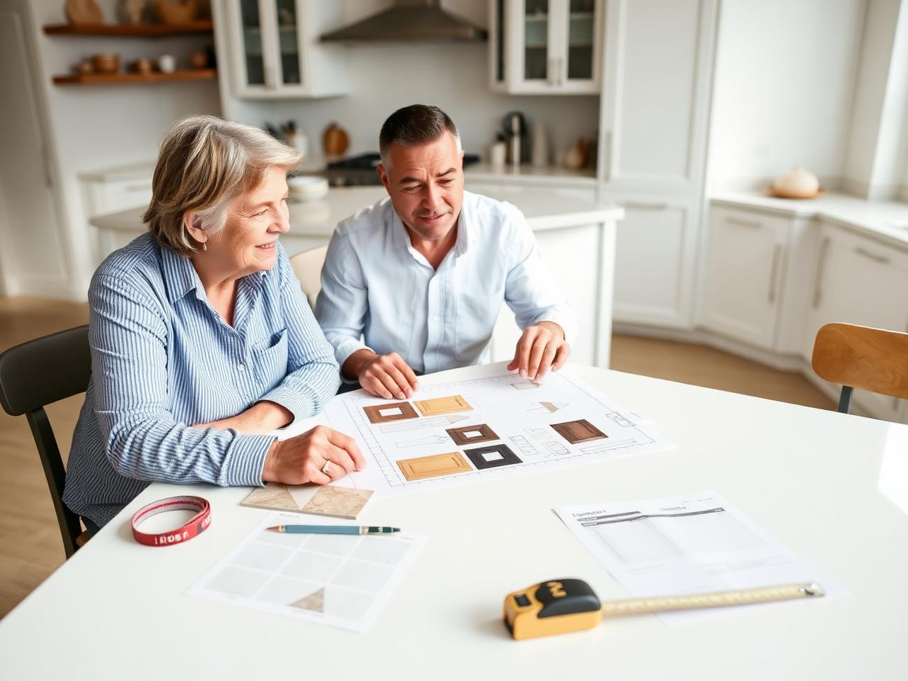 Homeowner reviewing preliminary remodeling plans, material samples, and budget information before requesting contractor bids