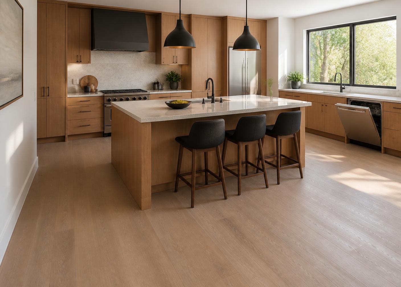 Kitchen island with wide work aisles, seating overhang, and an open dishwasher door showing required clearance