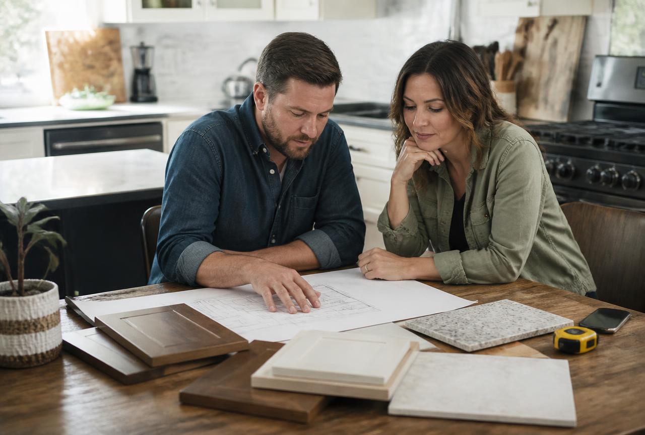 Homeowners reviewing kitchen floor plans with cabinet door samples and countertop chips at a table