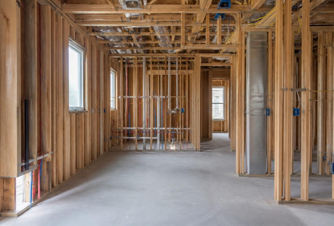 Kitchen during rough construction with open wall framing, new electrical boxes, plumbing lines, and ductwork before drywall
