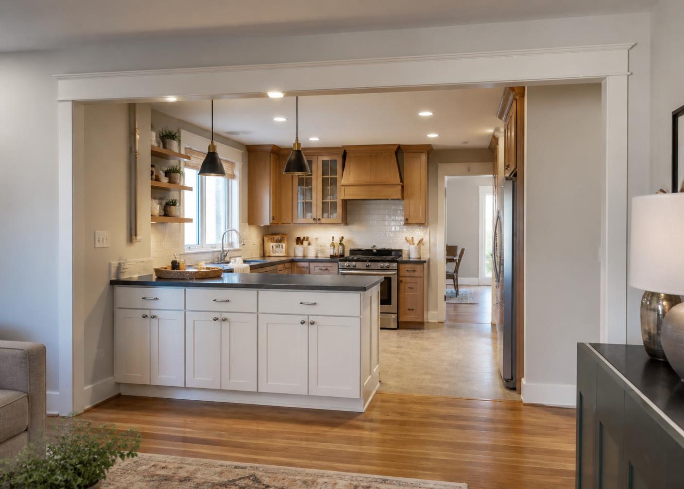 Broken-plan kitchen with a wide cased opening and peninsula connecting the kitchen to the living room while preserving wall cabinet storage