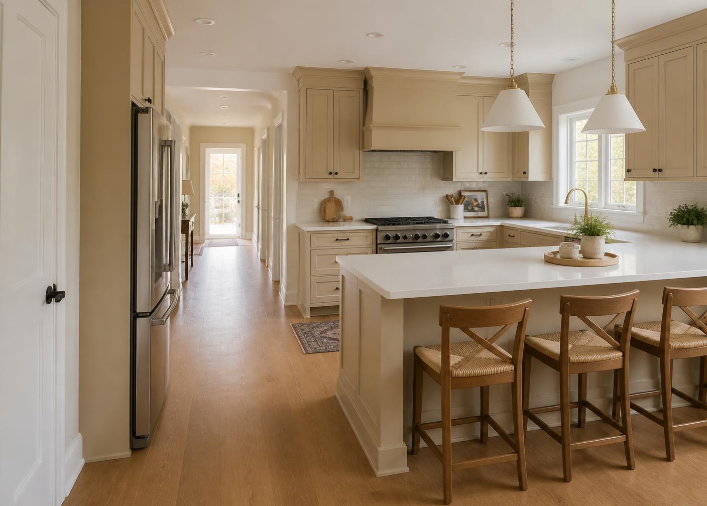 Kitchen peninsula with seating placed outside the main walkway, showing clear work aisles between the range, refrigerator, and circulation path