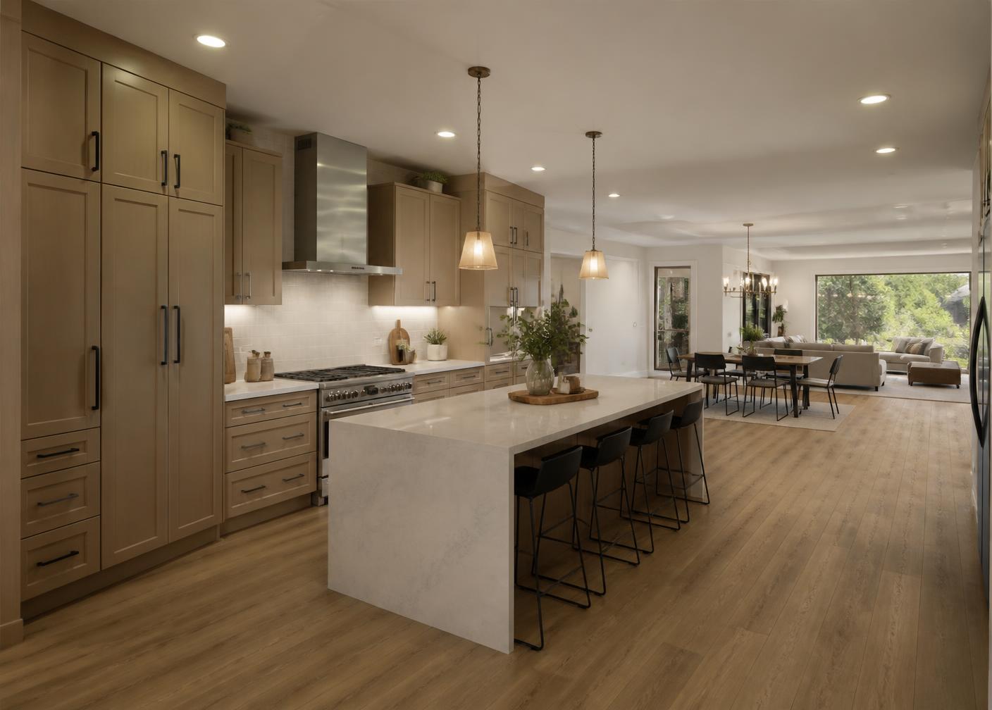 Open kitchen with tall pantry cabinetry, layered recessed, pendant, and under-cabinet lighting, and a wall-mounted range hood beside connected dining and living areas