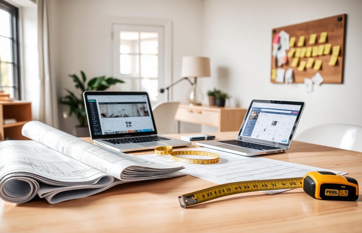 Renovation planning desk with rolled construction drawings, permit folder, cabinet specifications, tape measure, and a schedule on a laptop