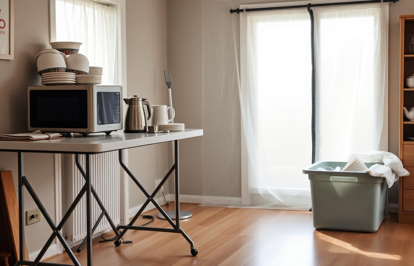 Temporary kitchen set up in a dining room during a remodel with a microwave, kettle, dishes, protected floors, and a plastic dust barrier