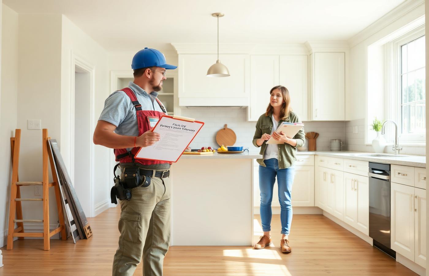 Contractor and homeowner completing a final walkthrough with a punch list and warranty documents in a finished kitchen