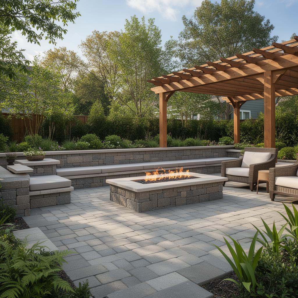 Outdoor living patio with pergola, bench seating and a rectangular fire feature