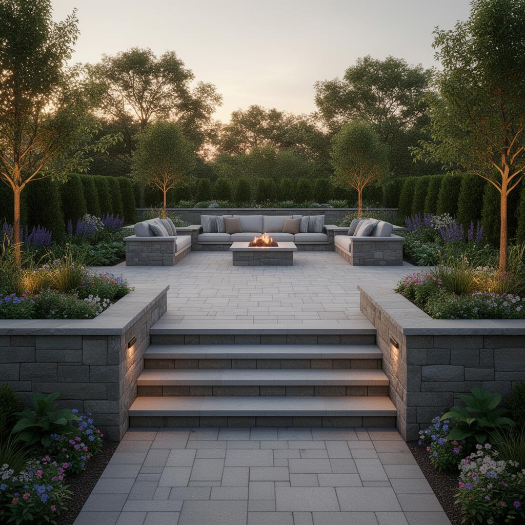 Elevated terrace with wide paver steps, retaining walls and integrated landscape lighting