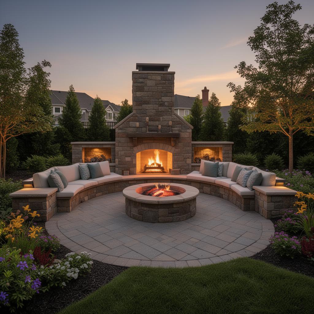 Outdoor living space with stone fireplace, seating area and premium paver patio