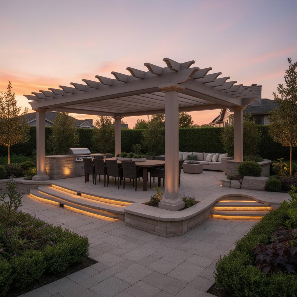 Pergola-covered outdoor dining patio with built-in grill and lighting