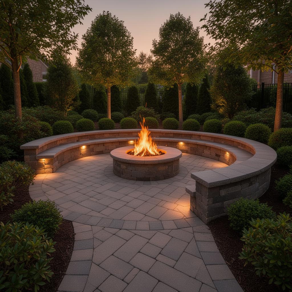 Curved stone fire pit seating area in a landscaped backyard at dusk