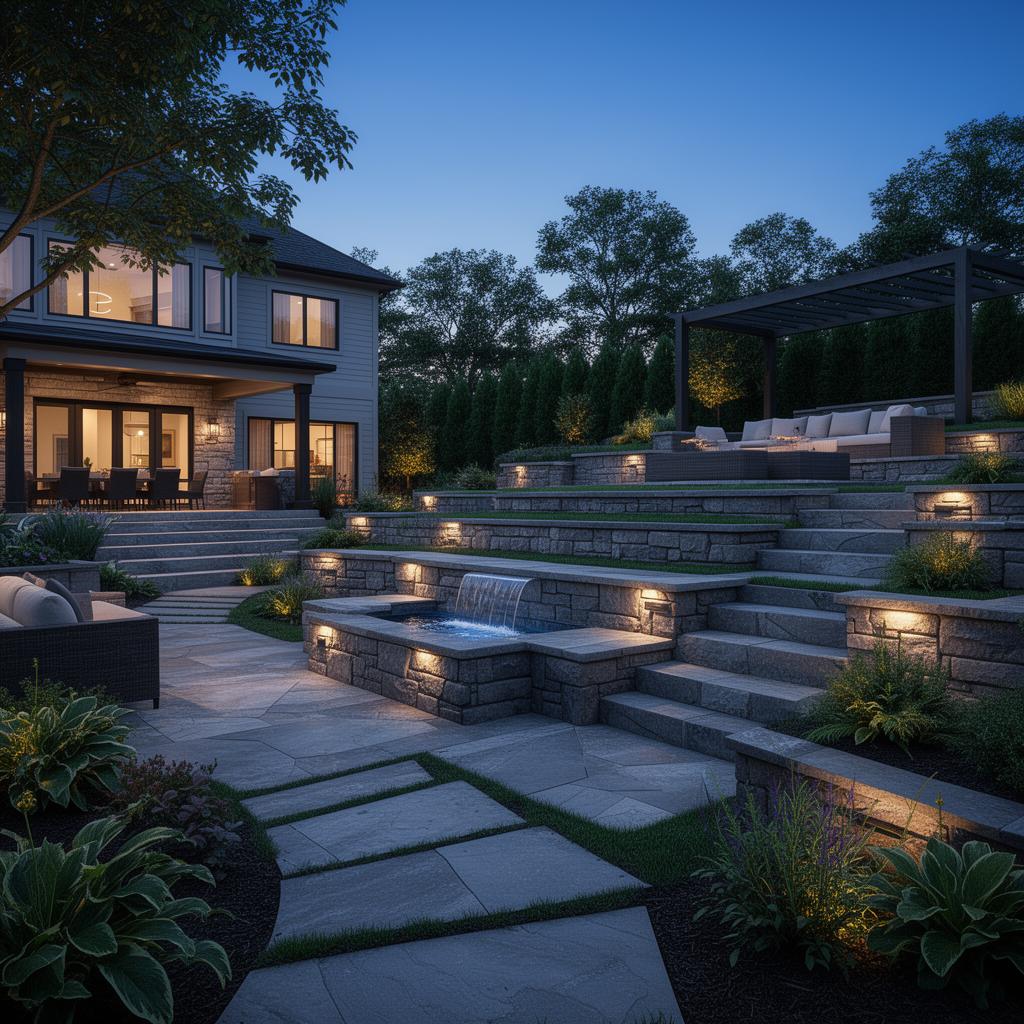 Tiered backyard hardscape with retaining walls, water feature and integrated lighting