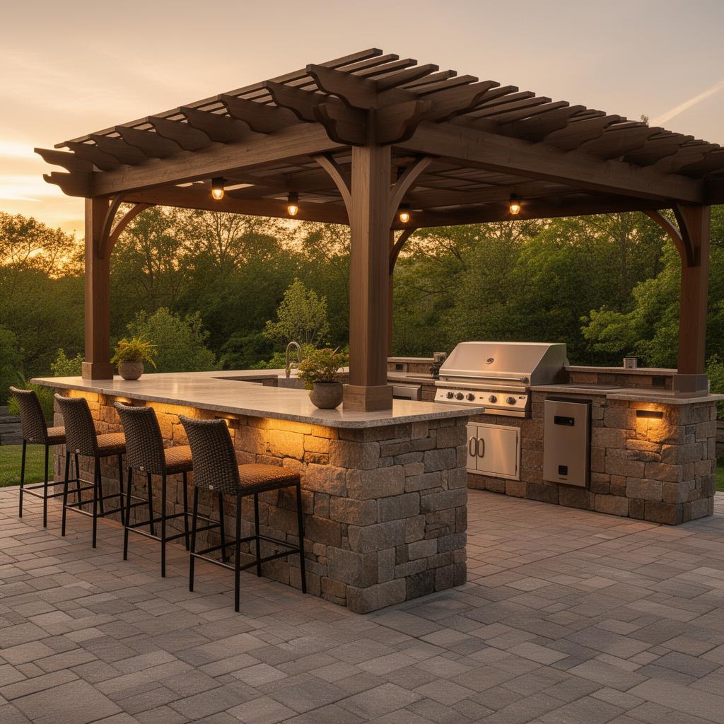 Outdoor kitchen with pergola, stone island, bar seating and evening lighting