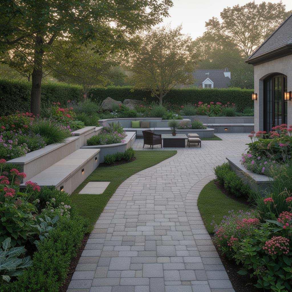 Garden walkway with pavers, layered landscaping and built-in seating walls