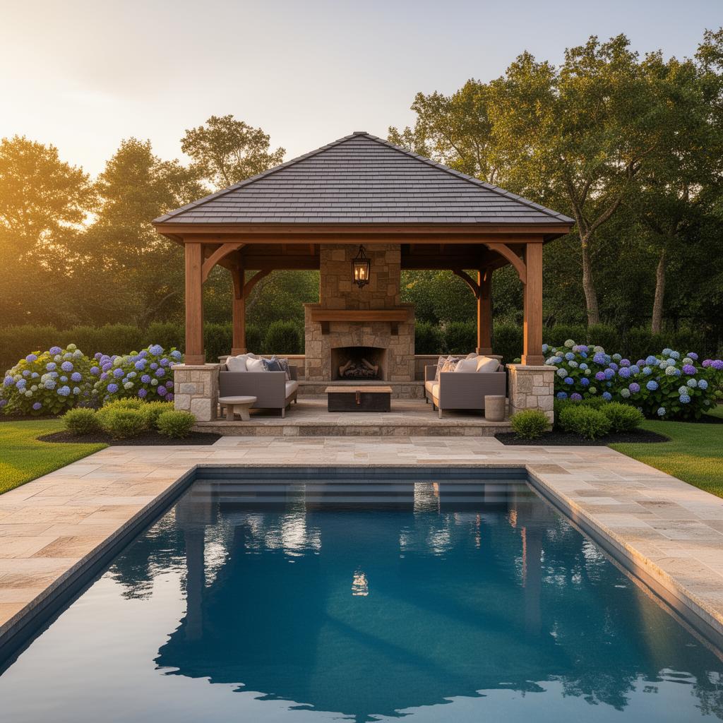 Large backyard escape with poolside outdoor living and pavilion seating