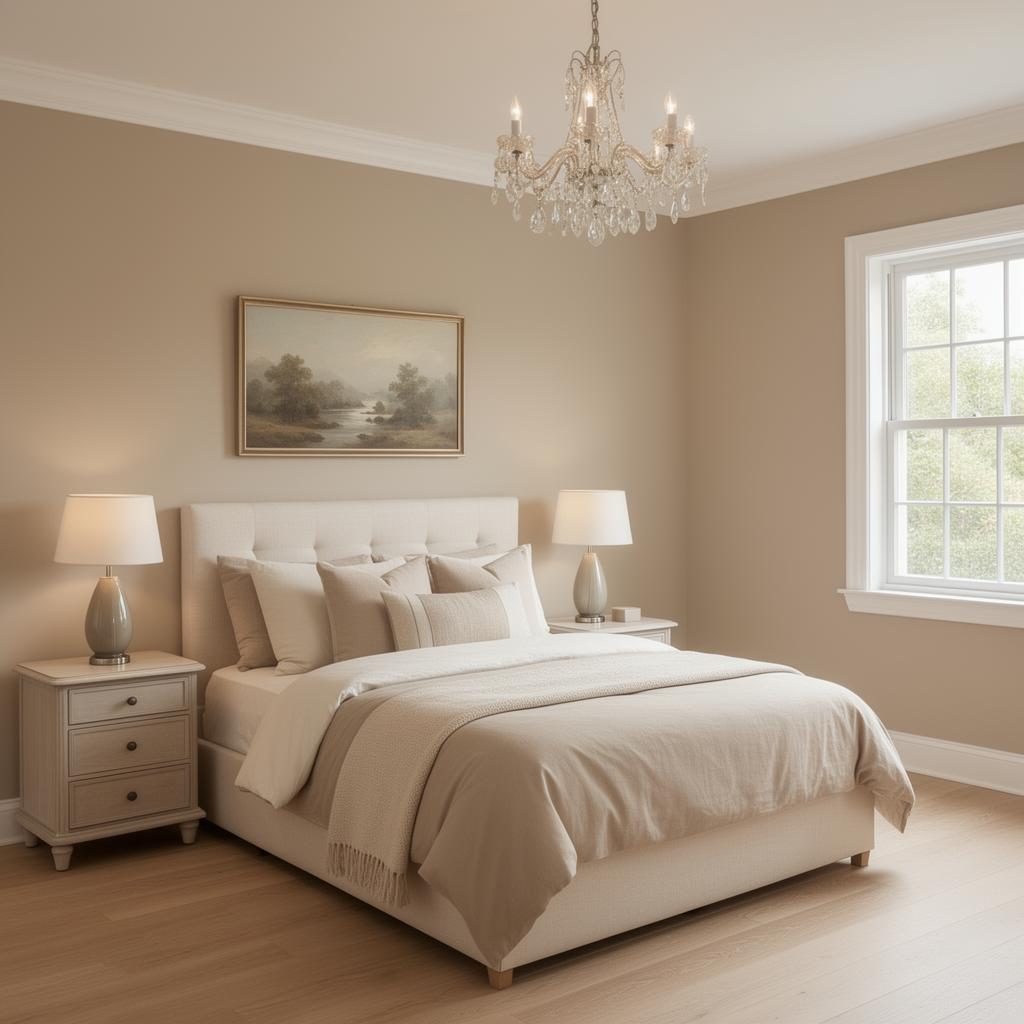 Calm and curated bedroom with uniform warm taupe walls and soft cream bedding