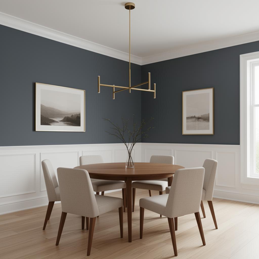 Elegant dining room with uniform deep slate blue upper walls and crisp white wainscoting