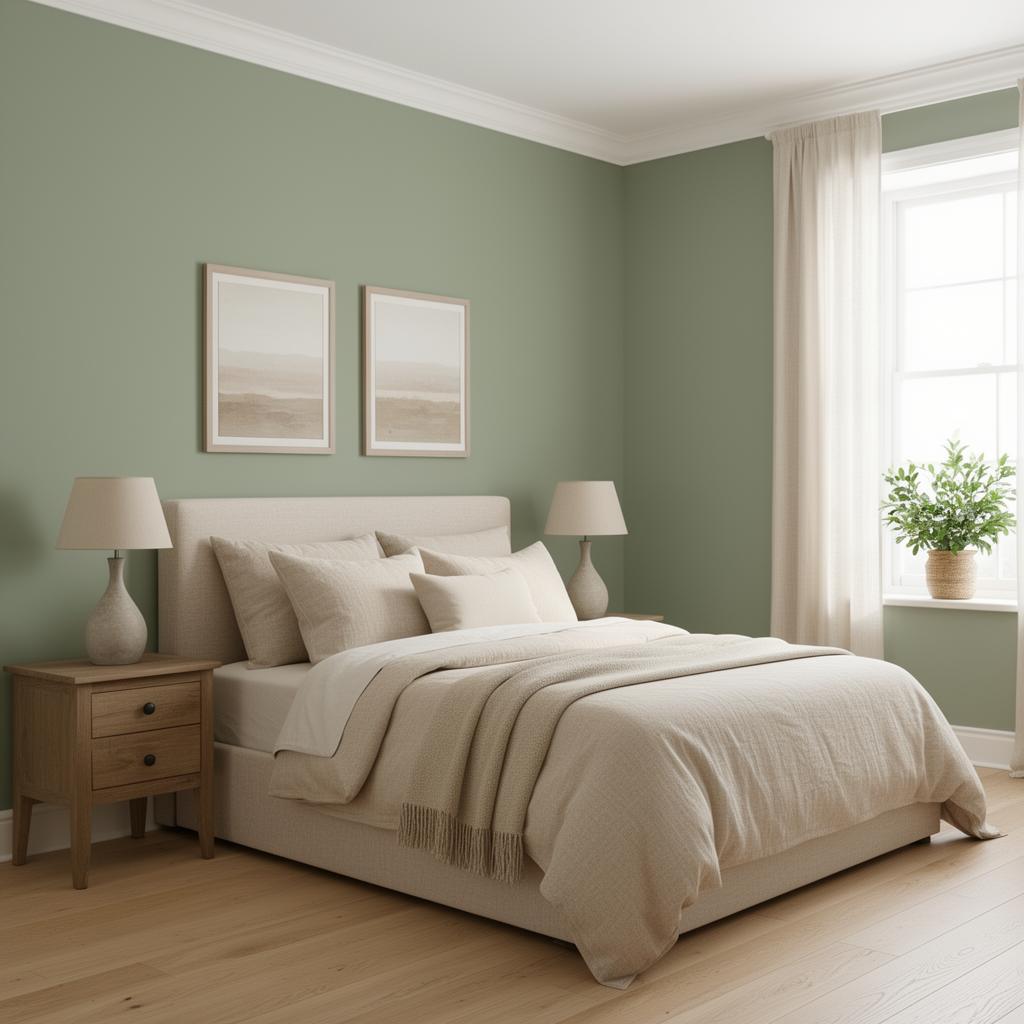 Soft and serene bedroom with evenly painted muted sage green walls and warm neutral bedding