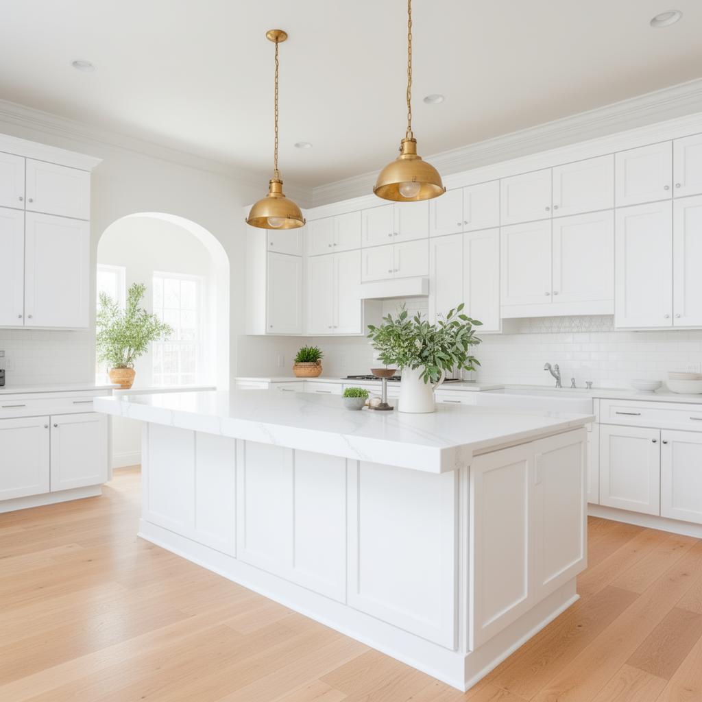 Classic and clean kitchen with crisp uniform white cabinetry and walls with warm wood floor