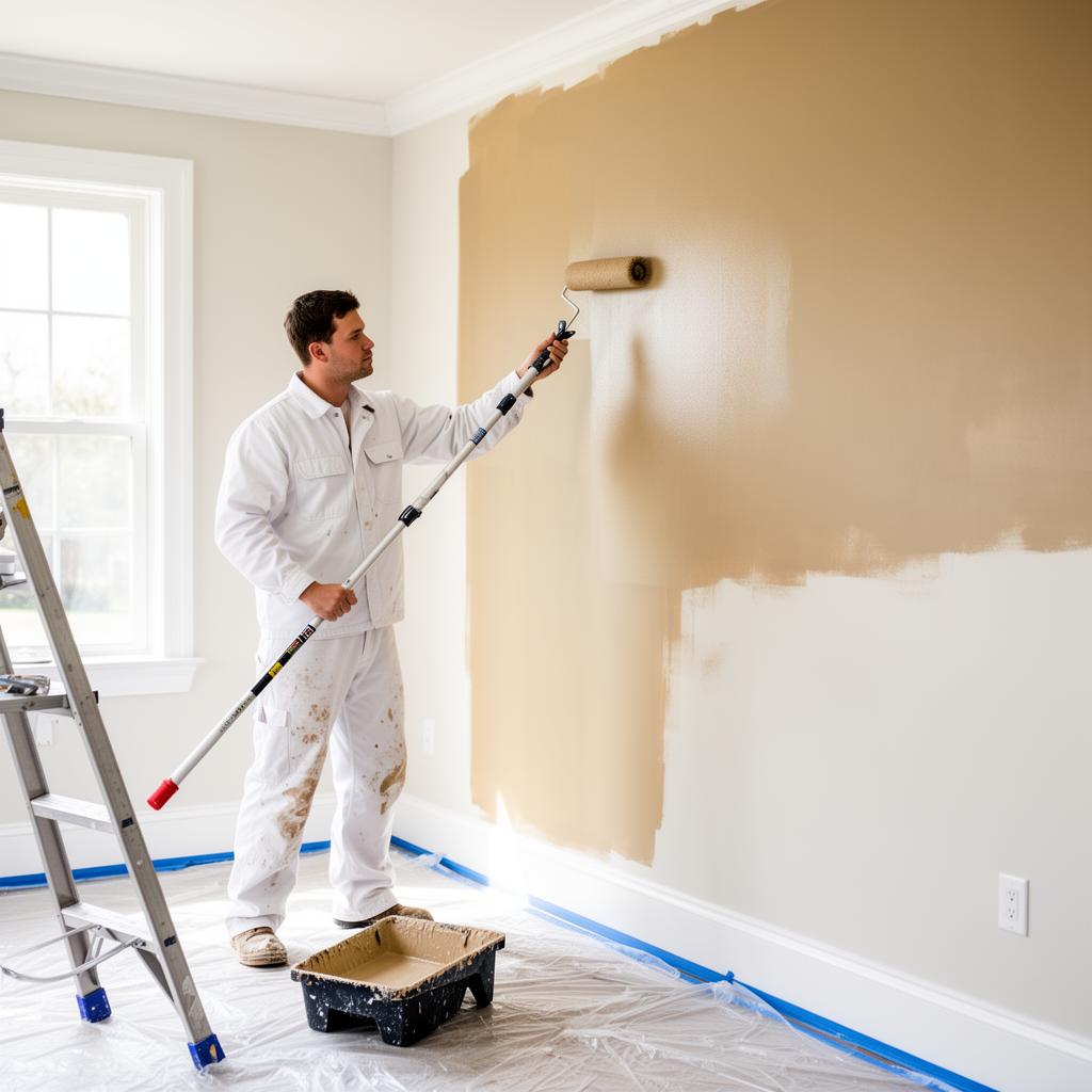 Professional painter rolling fresh neutral paint onto an interior wall with painter's tape and a ladder
