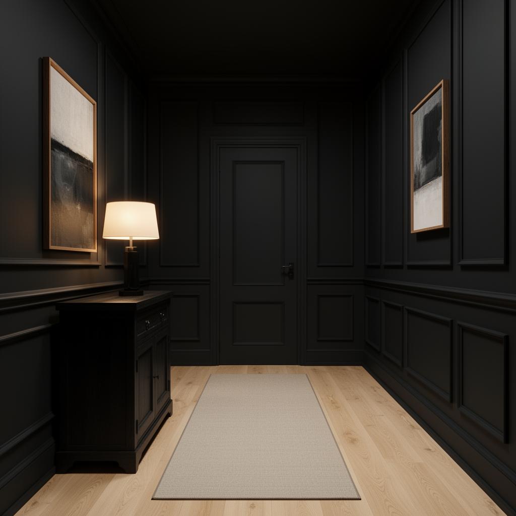 Bold and sophisticated entryway with evenly painted charcoal walls and matching paneled door