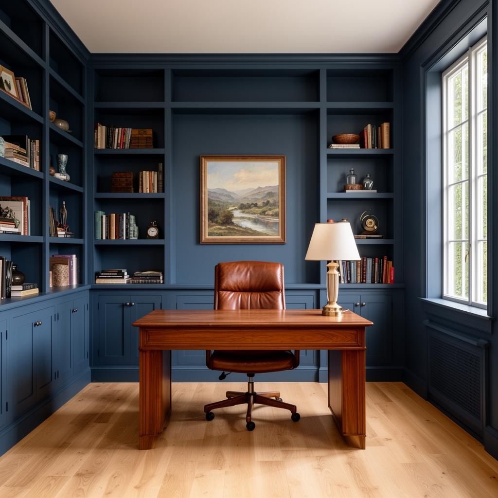 Focused and refined home office with uniform deep blue walls and built-in bookshelves